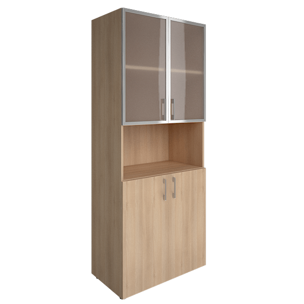 Шкаф-стеллаж YALTA комбинированный со стеклянными и деревянными и секцией посередине